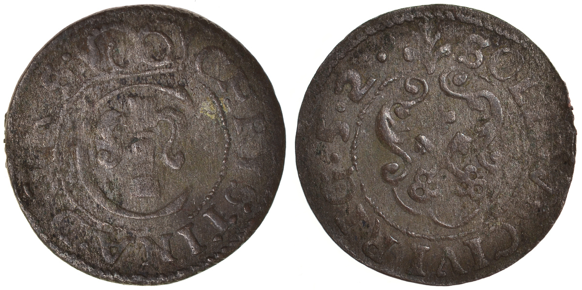 Ливония, Рига, шведская оккупация солид (шиллинг) 1652 Кристина KM 21 серебро 1527-623