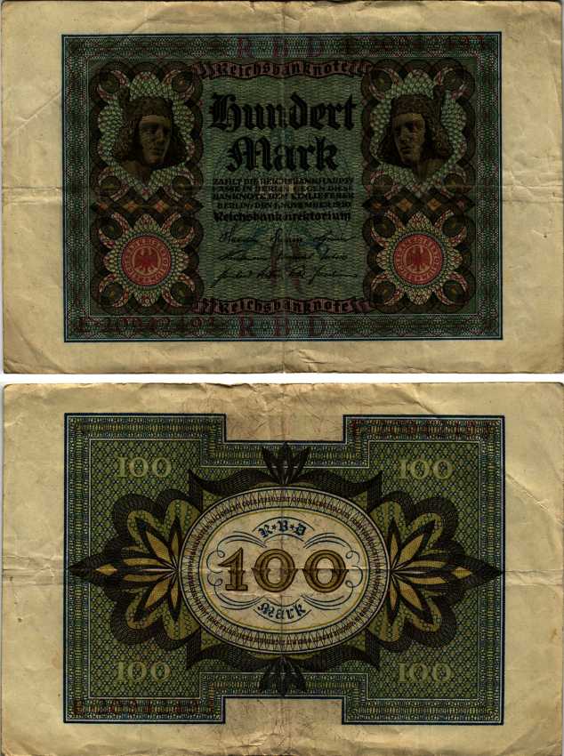 Германия 100 марок 1920 Бамбергский всадник, 8 цифр в номере Pick 69 b, Розенберг 69b бумага 8607-100-1