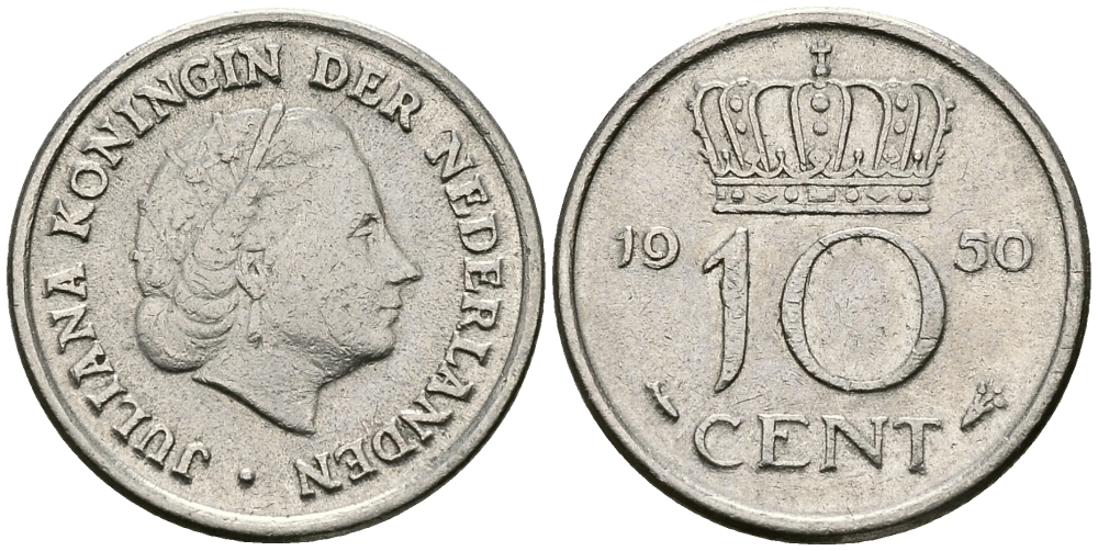 НИДЕРЛАНДЫ 10 ЦЕНТОВ 1950 ЮЛИАНА KM 182 никель 96-427