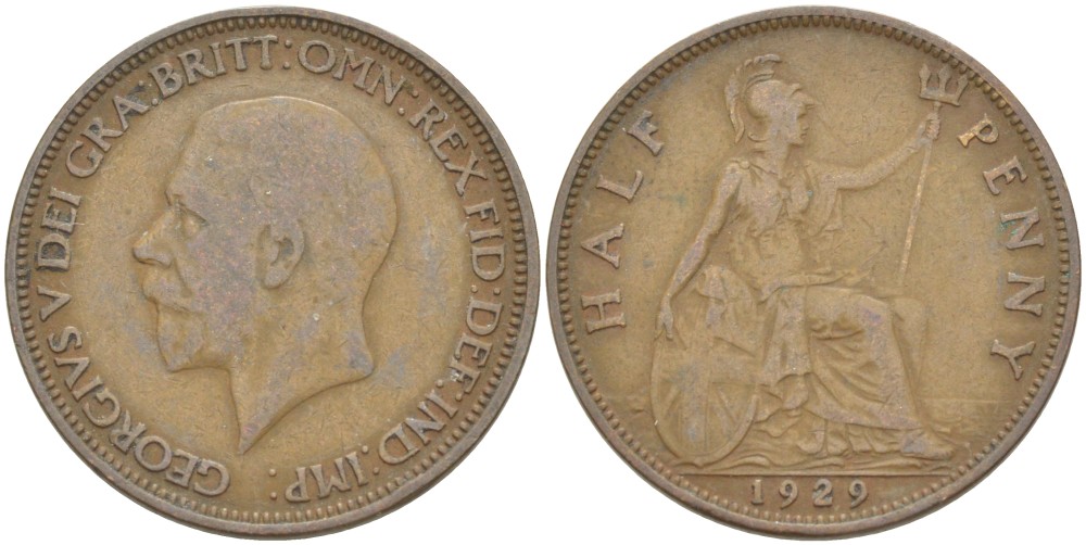 Великобритания 1/2 пенни 1929 Георг V (1910-1936) KM 837, Spink 4058 бронза 4513-625
