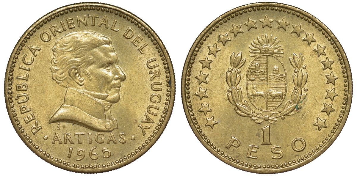 Уругвай 1 песо 1965 KM 46 алюминиевая бронза 106-1221