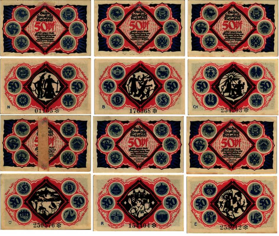 БИЛЕФЕЛЬД, ГЕРМАНИЯ НАБОР ИЗ 6 БАНКНОТ 1921 НОТГЕЛЬД, ЗЕМЛЯ СЕВЕРНЫЙ РЕЙН-ВЕСТФАЛИЯ, 6 Х 50 ПФНННИГОВ, 15 МАЯ 1921 ARNOLD KELLER 103.5 бумага 7487-55-1