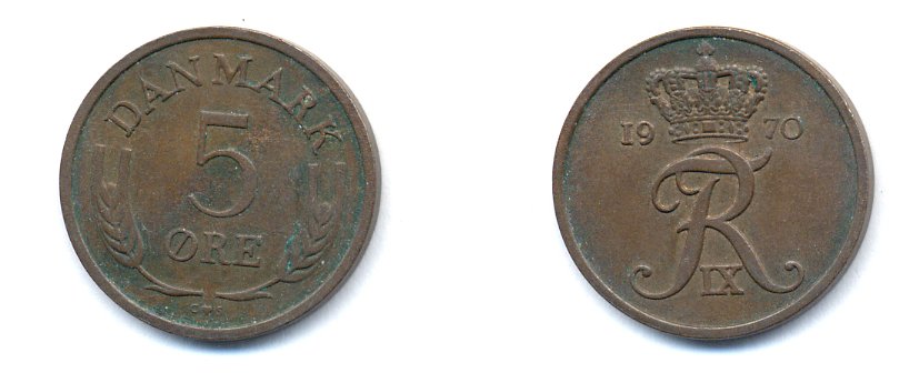 ДАНИЯ 5 ЭРЕ 1970 C; S, ФРЕДЕРИК IX (1947-1972) KM 848.1 бронза 23-245