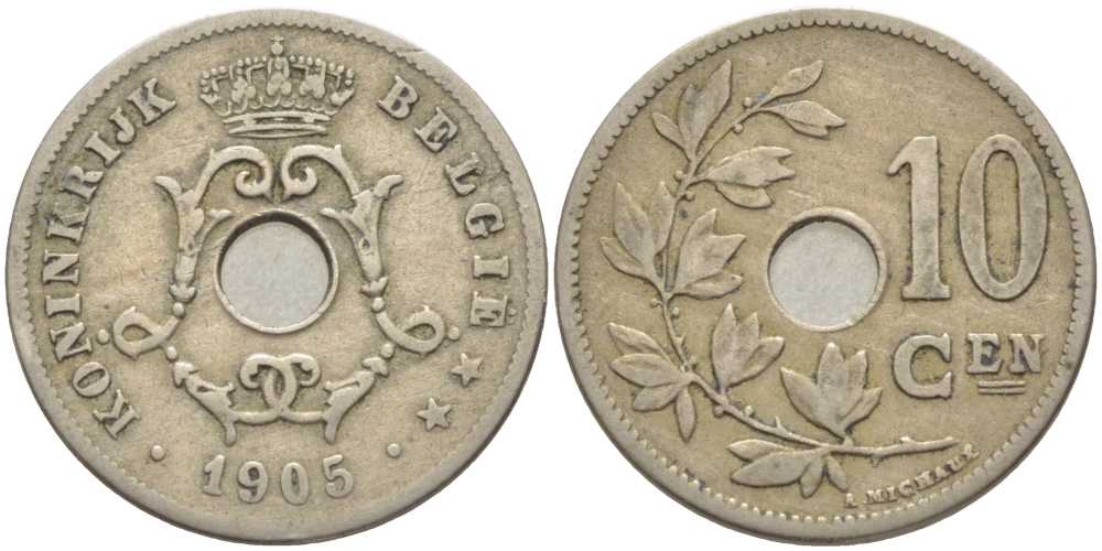 БЕЛЬГИЯ 10 САНТИМОВ 1905 BELGIE, ЛЕОПОЛЬД II (1865-1909) KM 53 медно-никель 119-331