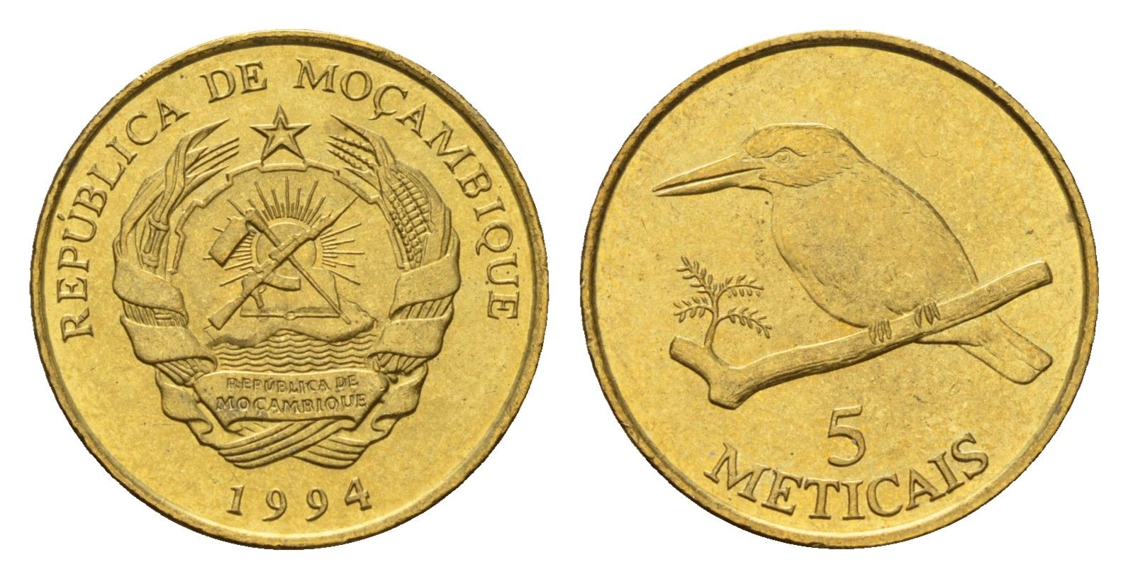 Мозамбик 5 метикалов 1994 год-тип KM 116 сталь плакированная латунью UNC 4585-1028