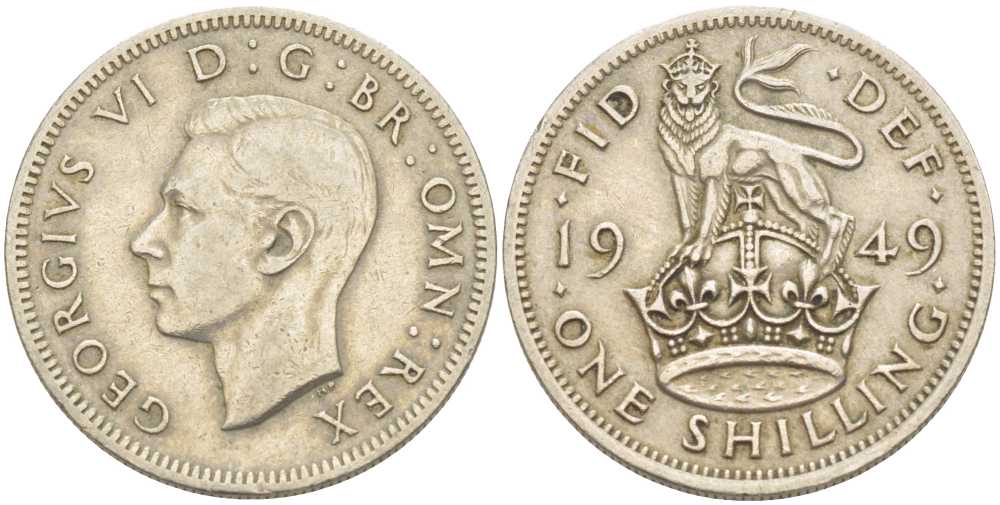 Великобритания 1 шиллинг 1949 Георг VI (1936-1952), Английский герб KM 876, Spink 4108 медно-никель 80-327