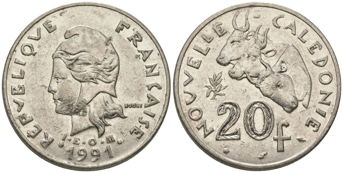 Французская Новая Каледония 20 франков 1991 три быка, (IEOM) KM 12, Schoen 14, Lec 114 никель 81-225