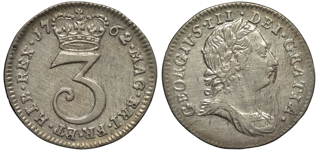 Великобритания 3 пенса 1762 Георг III (1760-1820) KM 591, Spink 3753 серебро 1524-231