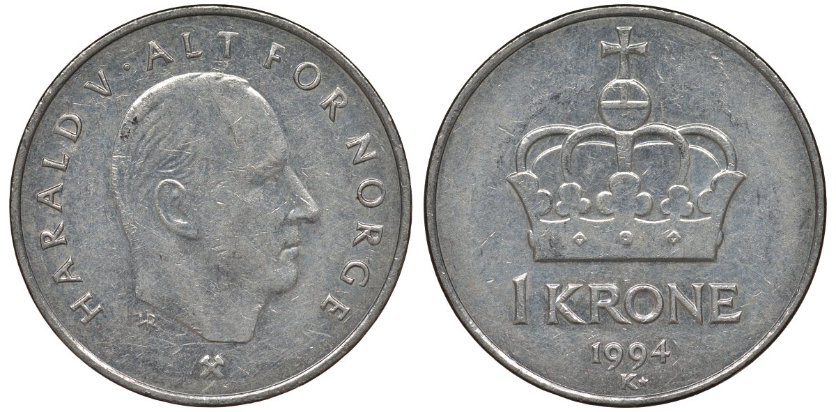 Норвегия 1 крона 1994 Харальд V (1991-) KM 436 медно-никель 4128-1224