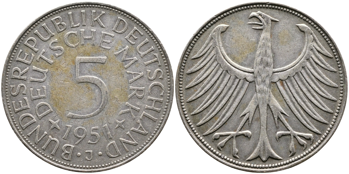 ФРГ 5 марок 1951 J (Гамбург), J. 387, KM 112.1 серебро 4178-1316