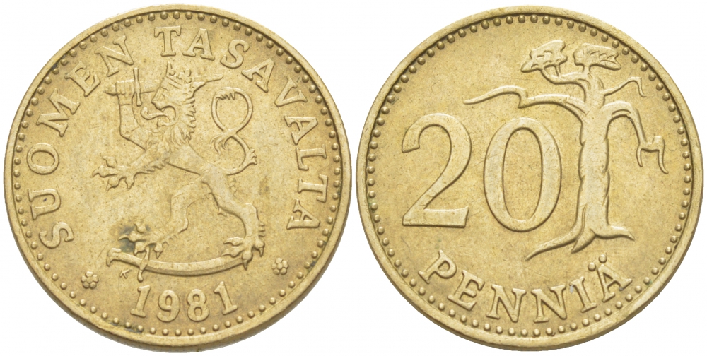 ФИНЛЯНДИЯ 20 ПЕННИ 1981 K KM 47 алюминиевая бронза 3718-655