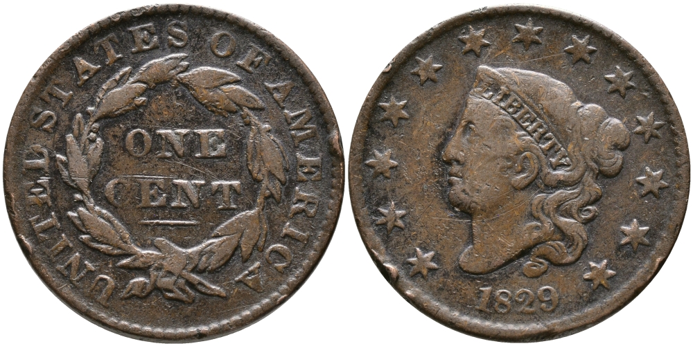 США 1 ЦЕНТ 1829 ЛИБЕРТИ, ДИАМЕТР 28,5 ММ., РОБЕРТ СКОТ медь 32-132