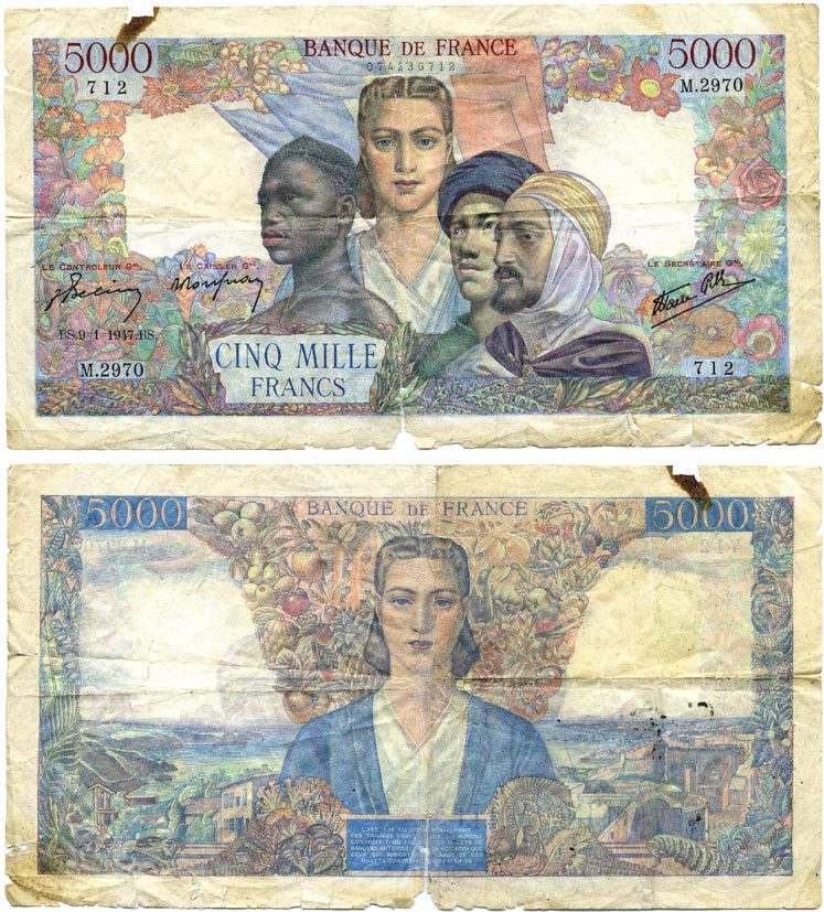 ФРАНЦИЯ 5000 ФРАНКОВ 1947 Pick 103с бумага 2192-84-1