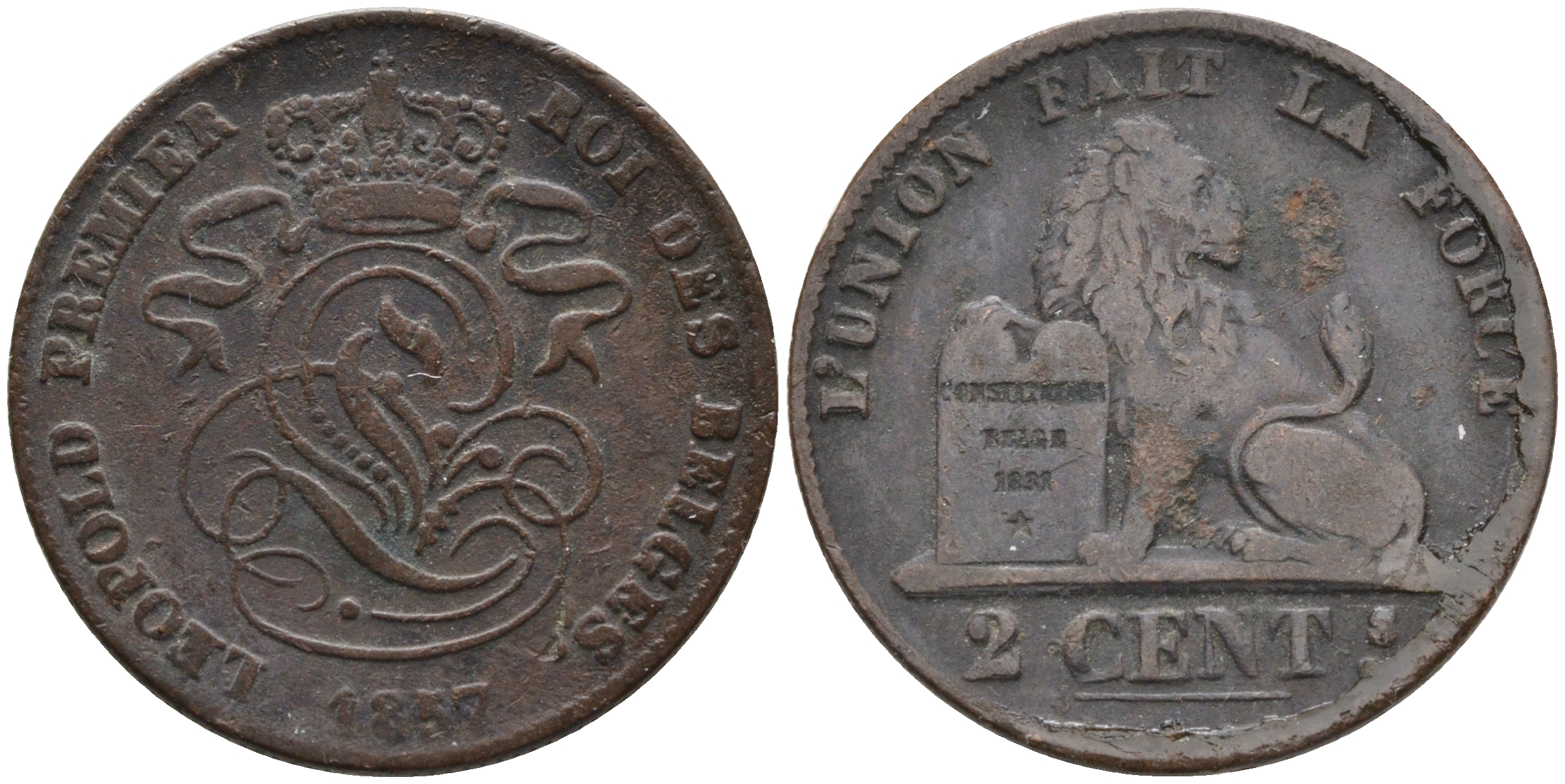 БЕЛЬГИЯ 2 САНТИМА 1857 BELGES KM 4.2 медь 4563-734