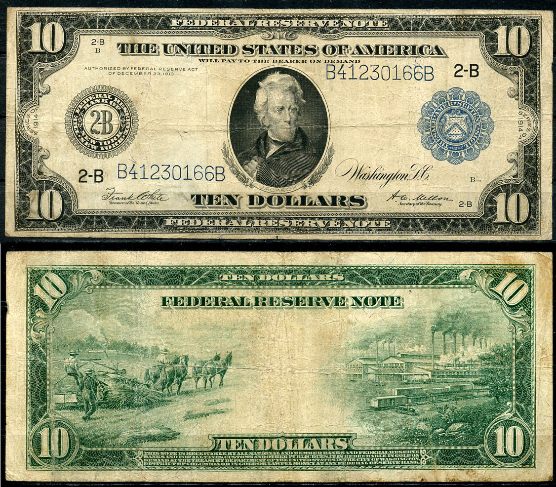 США 10 долларов 1914 Нью-Йорк (2-В), Эндрю Джексон - 7-й президент США, голубая серия, подпись White, Mellon Pick 360 b B(4-1)  бумага   451-644-1-1