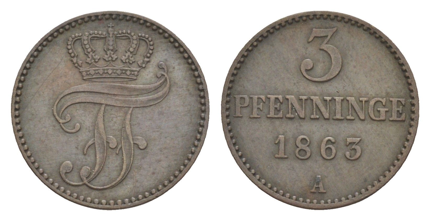 Мекленбург-Шверин 3 пфеннига 1863 A, Фридрих Франц II (1842-1883) Jaeger 56, AKS 48, KM 310 (C101a) медь 4649-517