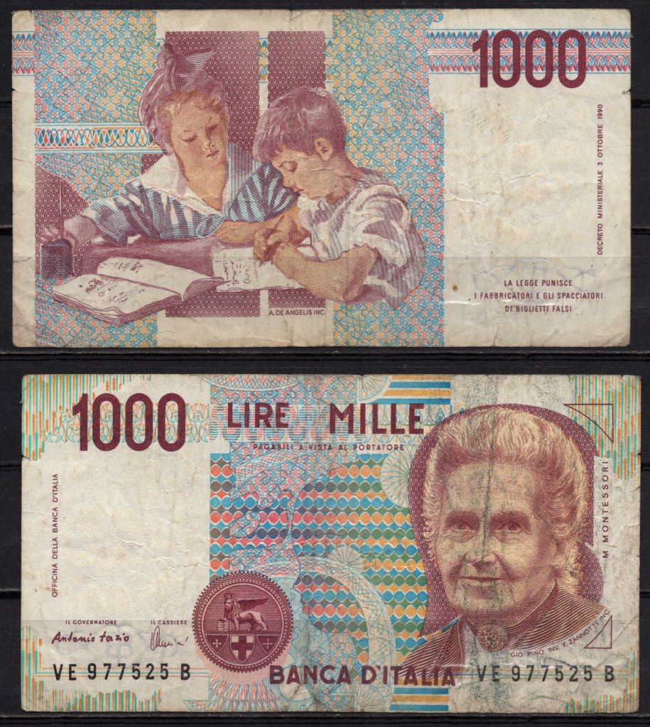 Италия 1000 лир 1990 Мария Монтессори, школа Монтессори Pick 114 c бумага 8518-17-1-2