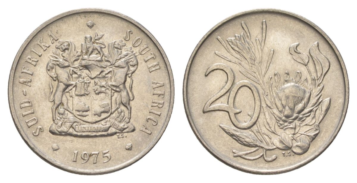 ЮАР 20 центов 1975 герб, цветок протея KM 86 никель 4626-754