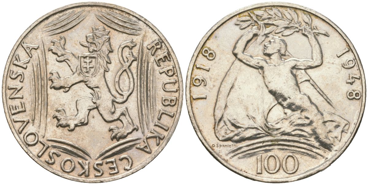 Чехословакия 100 крон 1948 30 лет Независимости KM 27 серебро 4111-1125