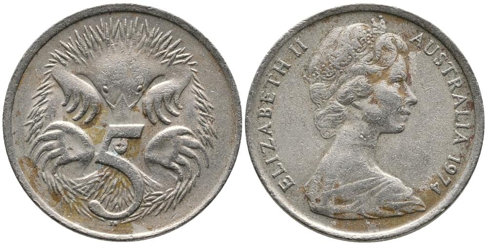 АВСТРАЛИЯ 5 ЦЕНТОВ 1974 ЕХИДНА, ЕЛИЗАЕТА II (1952-) KM 64 медно-никель 4549-711