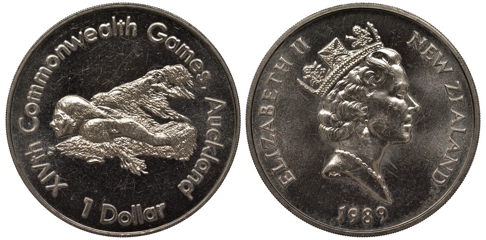 Новая Зеландия 1 доллар 1989 XIV Игры Содружества наций, плавание, Елизавета II (1952-2022) KM 69 медно-никель UNC 4537-211