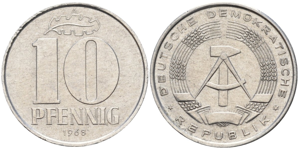 ГДР 10 пфеннигов 1968 A KM 10 алюминий 4141-517