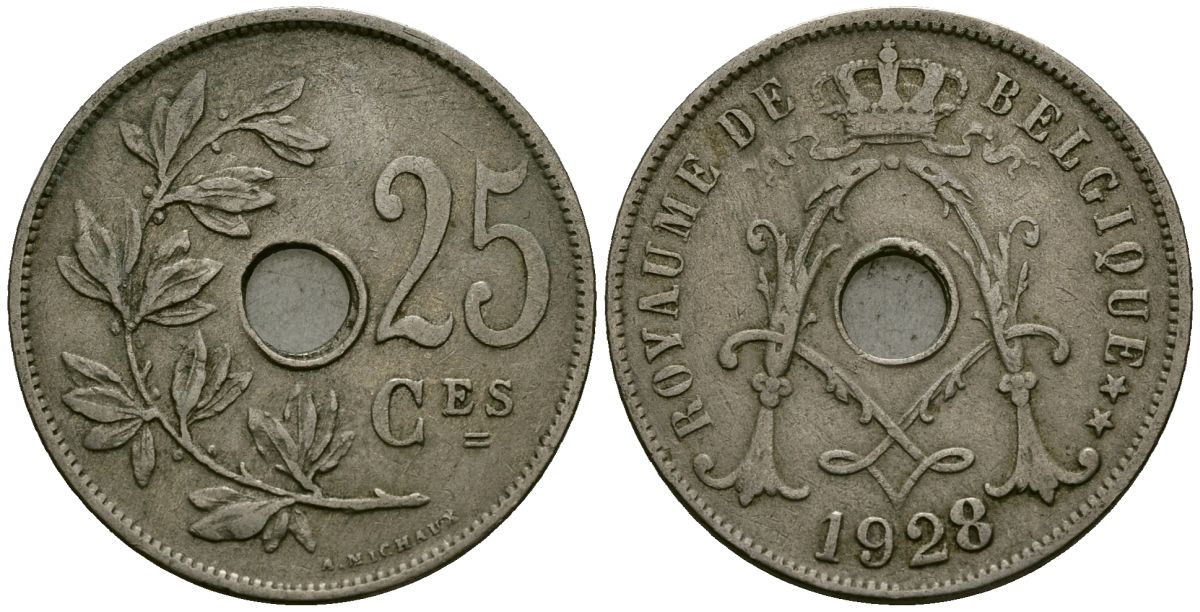 Бельгия 25 сантимов 1928 Belgique KM 68 медно-никель 4165-546