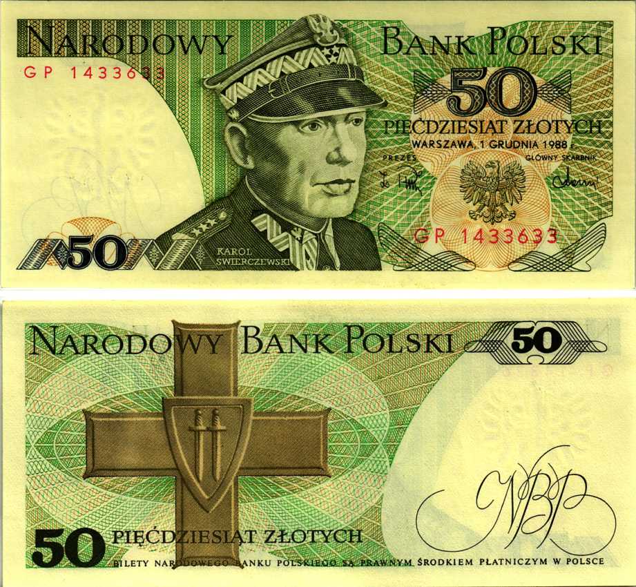 Польша 50 злотых 1988 Кароль Сверчевский, знак Грюнвальдского ордена Pick 142 c бумага UNC (пресс) 8607-69-2-2