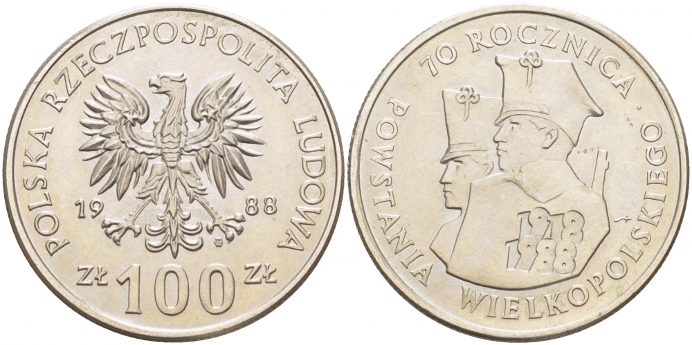 ПОЛЬША 100 ЗЛОТЫХ 1988 MW, 70 ЛЕТ ВЕЛИКОПОЛЬСКОГО ВОССТАНИЯ KM 182 медно-никель UNC 3996-125