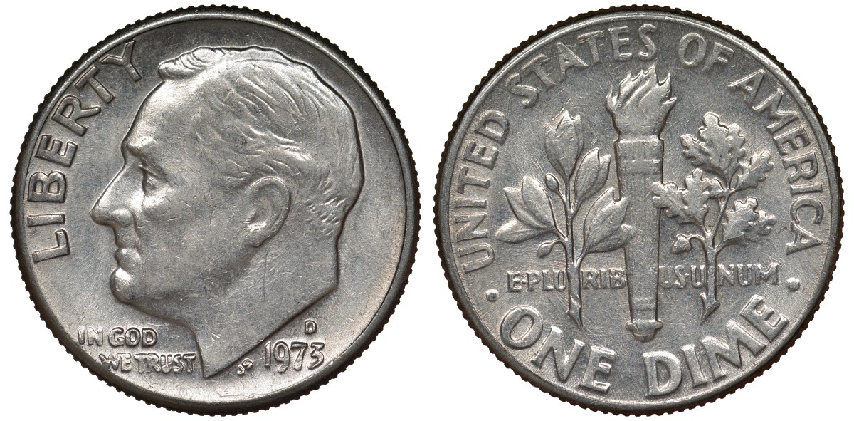США 10 центов = дайм 1973 D, Рузвельт KM 195а медь плакированная медно-никелем 4124-445