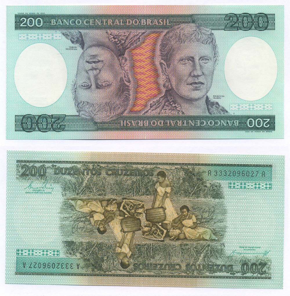 БРАЗИЛИЯ 200 КРУЗЕЙРО 1984 ПОДПИСЬ 21, СЕРИЯ А 3332, ПРИНЦЕССА ИЗАБЕЛА Pick 199b бумага UNC (ПРЕСС) 7553-33-2