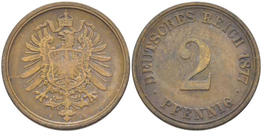 ГЕРМАНИЯ 2 ПФЕННИГА 1877 A, СТАРОГЕРБОВКА KM 2, J. 2, Weege 3 медь 212-717