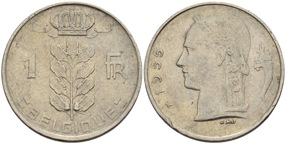 БЕЛЬГИЯ 1 ФРАНК 1955 BELGIQUE KM 142.1 медно-никель 4546-441