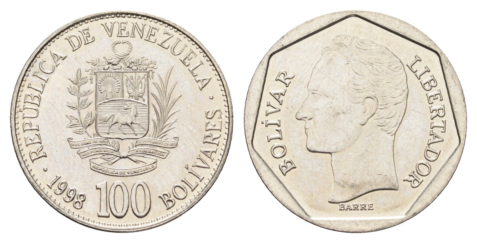 Венесуэла 100 боливаров 1998 год-тип, Симон Боливар Y 78.1 сталь плакированная никелем UNC 4666-1236