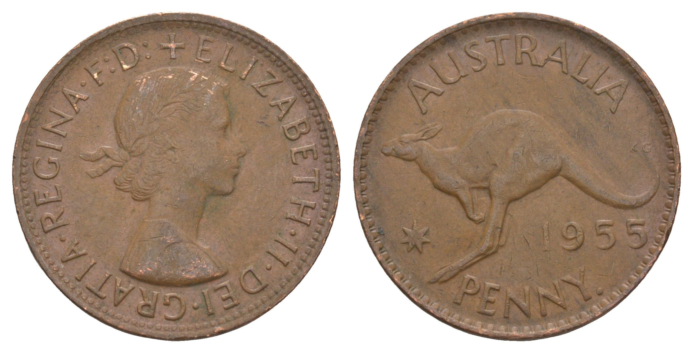 Австралия 1 пенни 1955 . , Елизавета II (1952-2022), кенгуру KM 56 бронза 82-845