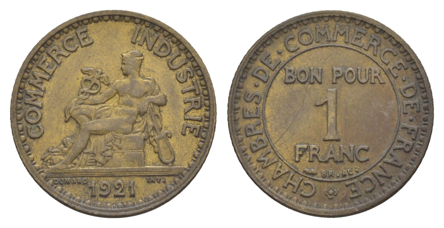 Франция 1 франк 1921 KM 876, Le Franc 218.3 алюминиевая бронза 4657-1037