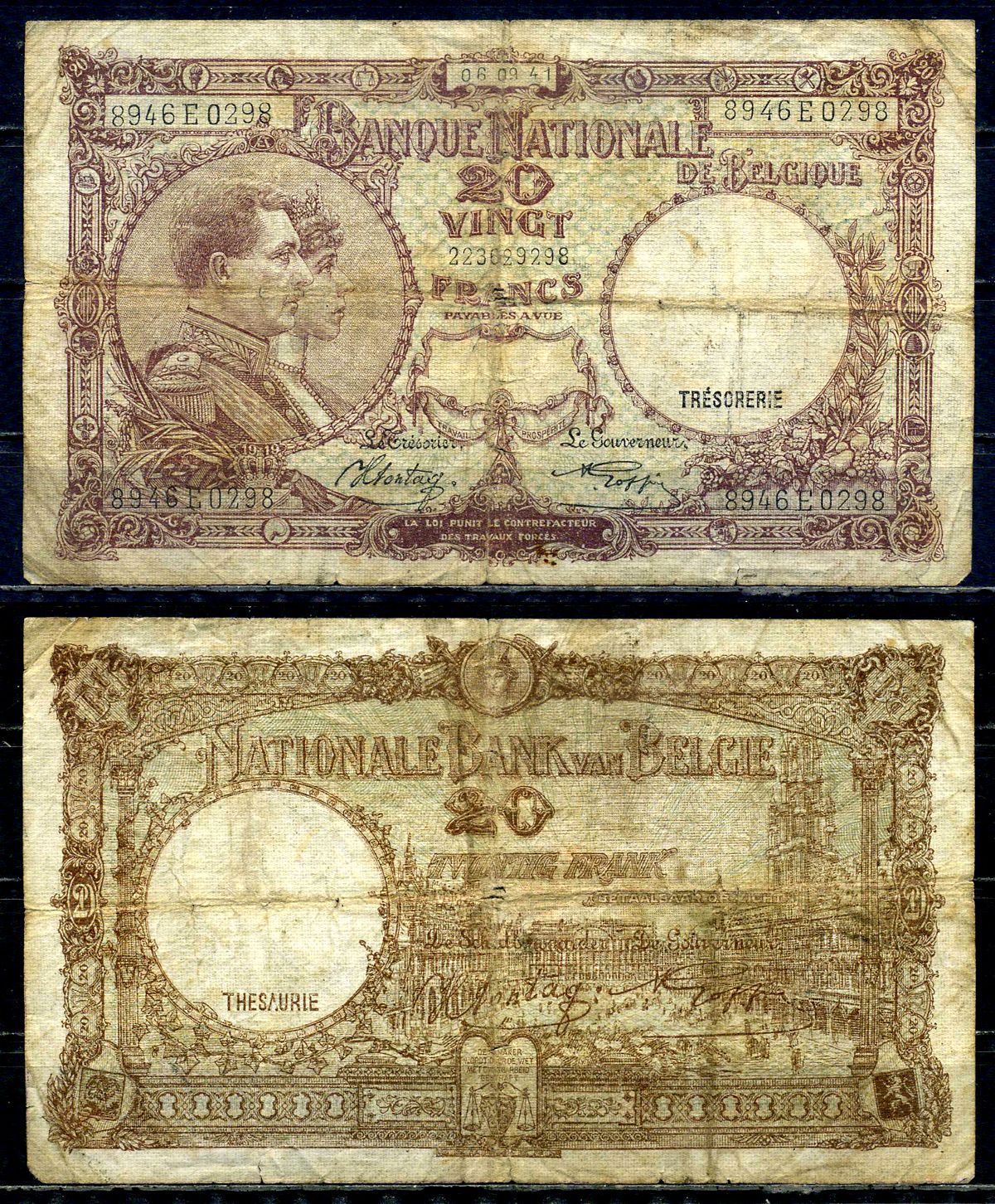 Бельгия 20 франков 1941 06.09.1941, Король Альберт I и его жена Королева Елизавета, Гран-Плас / Гроте Маркт, Брюссель Pick 111 (2) бумага 6301-29-3-2