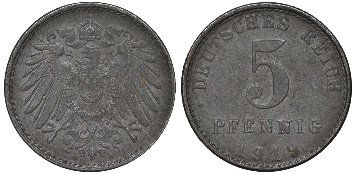 ГЕРМАНИЯ 5 ПФЕННИГОВ 1919 A KM 19, J. 297 железо 45-1162