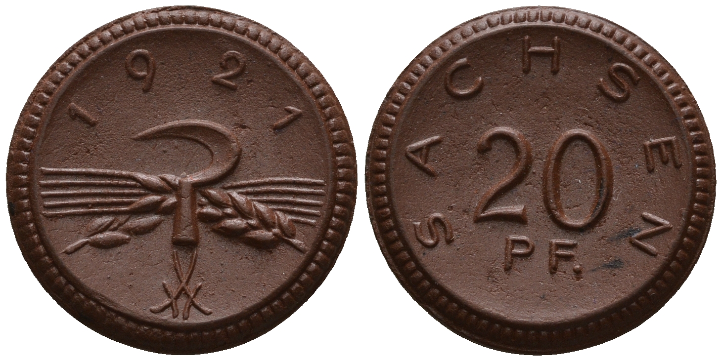 Саксония 20 пфеннигов 1921 колосья и серп J. N 53 фарфор UNC 1094-7-82