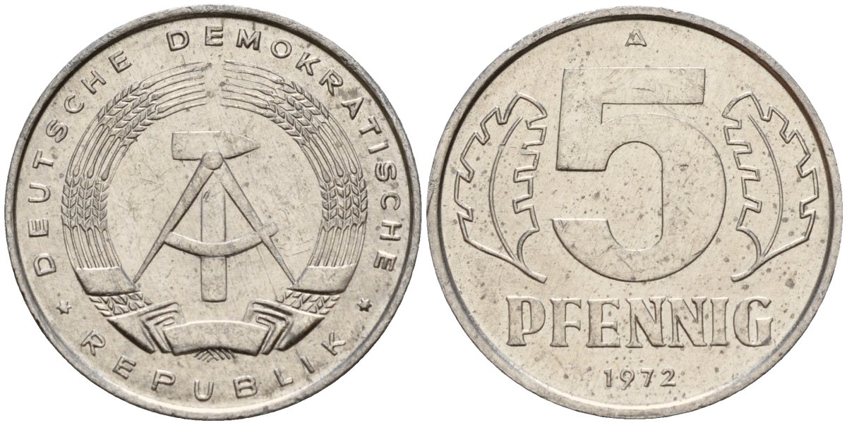 ГДР 5 пфеннигов 1972 A KM 9.1 алюминий 218-537