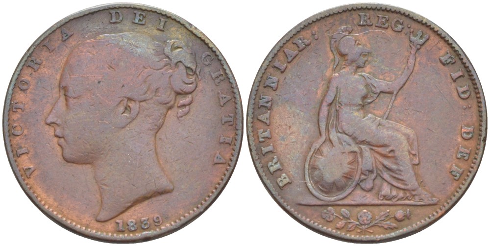 Великобритания 1 фартинг 1839 Виктория (1837-1901) KM 725, Spink 3950 медь 4543-826