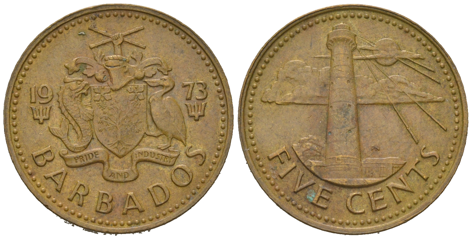 Барбадос 5 центов 1973 маяк Саут-Пойнт KM 11 латунь 4622-711