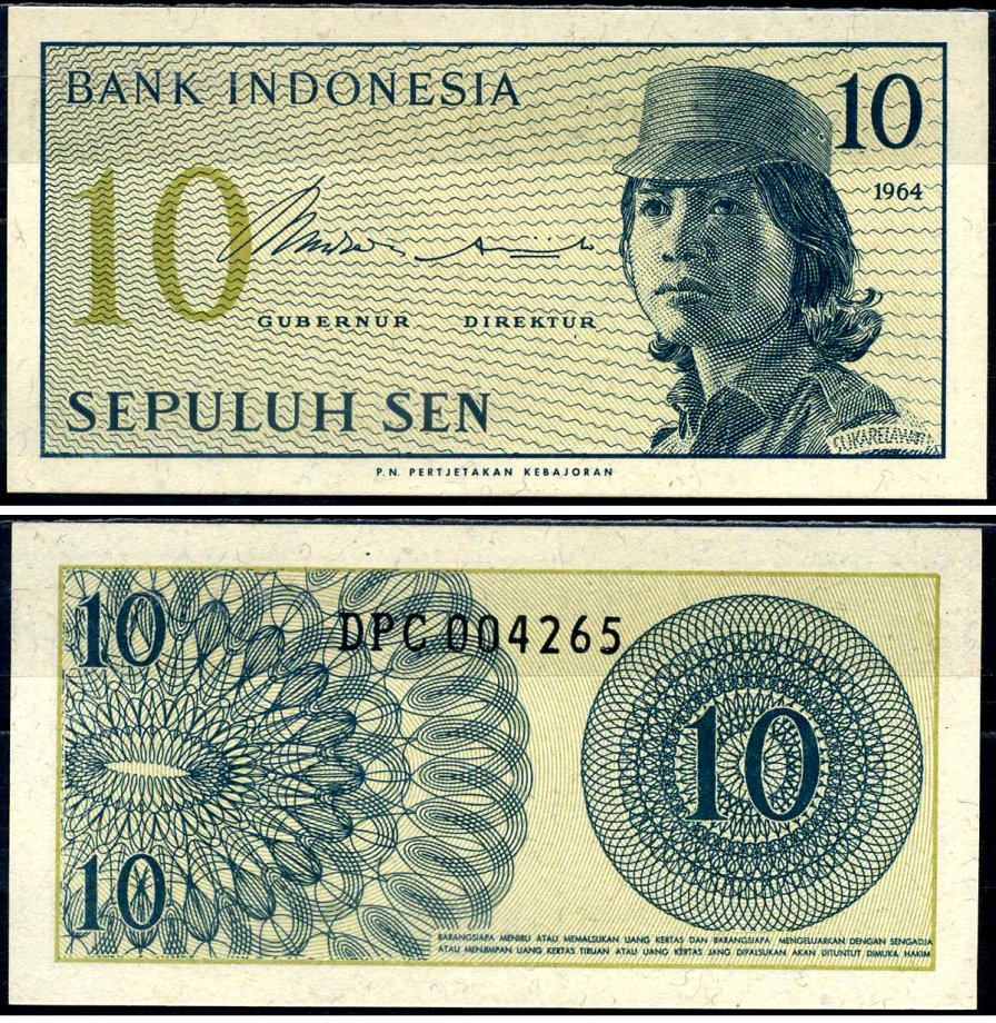 Индонезия 10 сенов 1964 девушка волонтер Pick 92 a бумага UNC (пресс) 7487-47-1-1