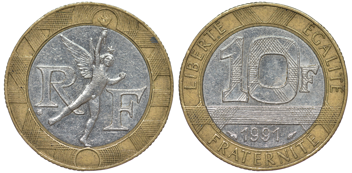 Франция 10 франков 1991 тип гений Бастилии KM 964.1, Le Frank 375.6 биметалл 45-836