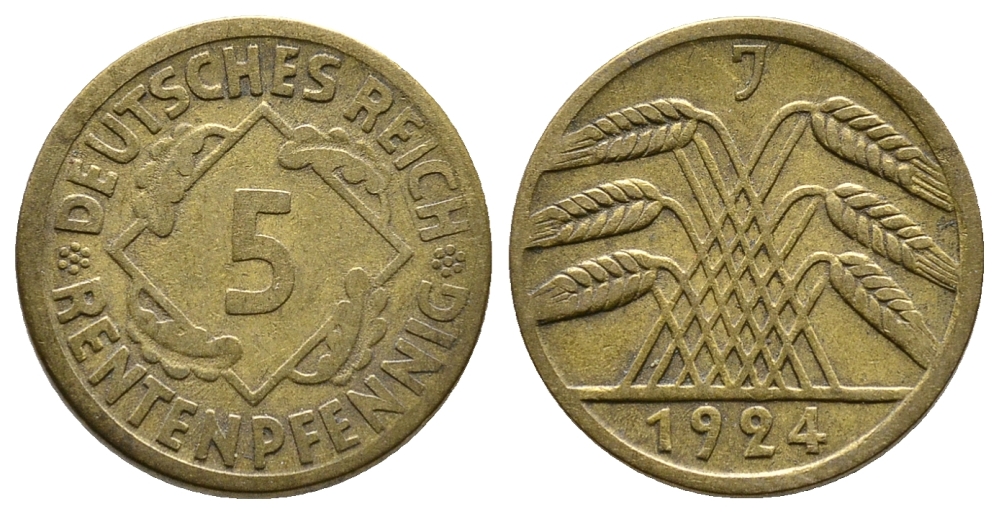 ГЕРМАНИЯ 5 РЕНТЕНПФЕННИГОВ 1924 J, KM 32, J. 308 алюминиевая бронза 4380-1019