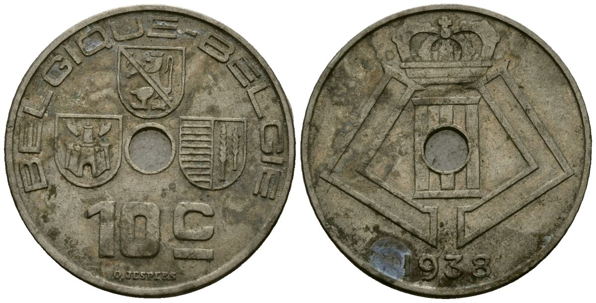 Бельгия 10 сантимов 1938 Belgique - Belgie KM 112 никель латунь 4121-411