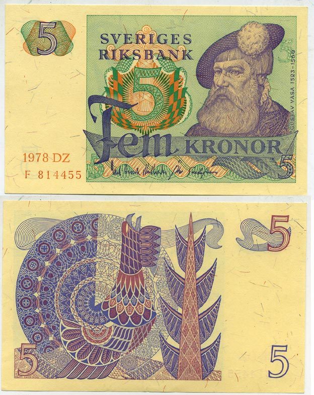 Швеция 5 крон 1978 DZ, Густав I Ваза Pick 51d бумага aUNC 444-99-2