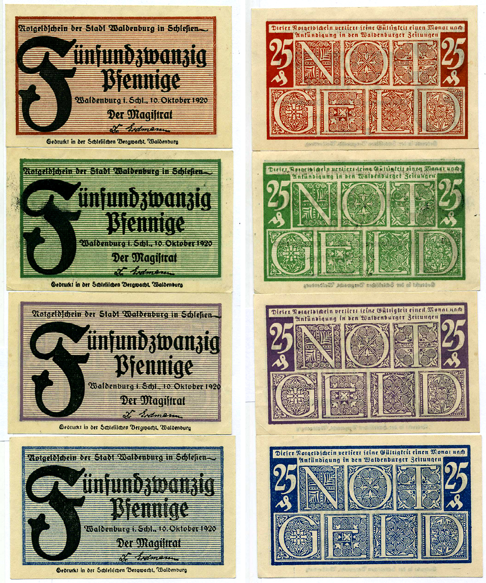 ВАЛЬДЕНБУРГ НАБОР ИЗ 4 БАНКНОТ ПО 25 ПФЕННИГОВ 1920 10 ОКТЯБРЯ 1920, НОТГЕЛЬД, ЗЕМЛЯ БАДЕН-ВЮРТЕМБЕРГ Grabowski 1371.9 бумага 2193-7-1-1
