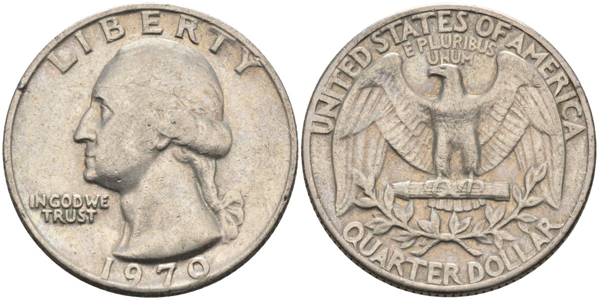 США 25 центов (квотер) 1970 Вашингтон KM 164a медь плакированная медно-никелем 4584-955