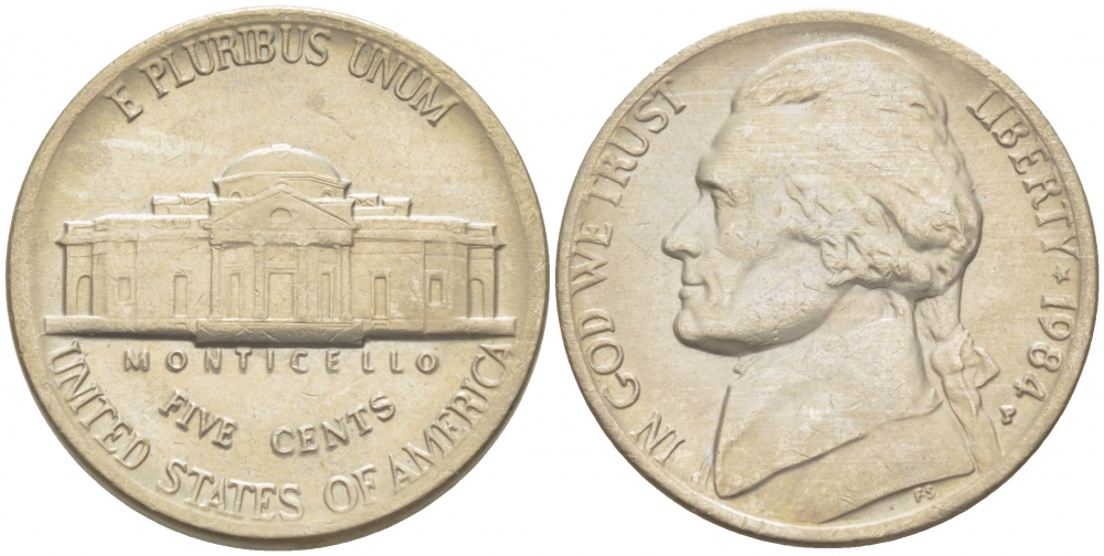 США 5 ЦЕНТОВ 1984 P, ДЖЕФФЕРСОН KM A192 медно-никель 214-712